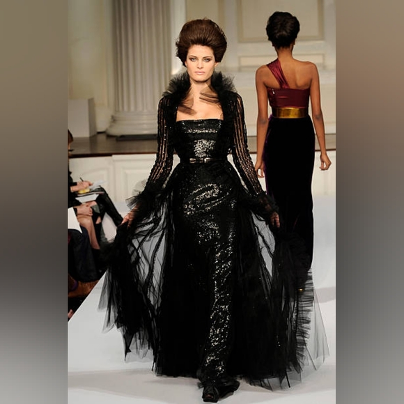 ^$11,000 OSCAR LA RENTA BLACK SILK SEQUIN RUNWAY RED CARPET GOWN W. BOLERO US 6 - Picture 3 of 16